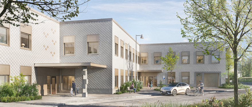 Gestaltningsbild på byggnad i två våningar.