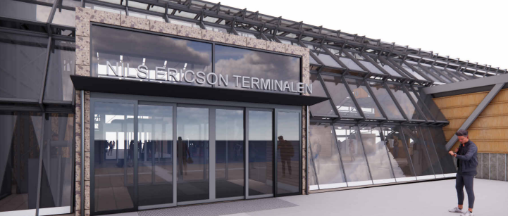 Gestaltningsbild på entrédörrar till bussterminalen. 