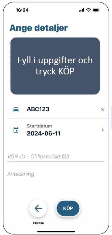 Ange detaljer för p-tillståndt och tryck på knappen Köp.