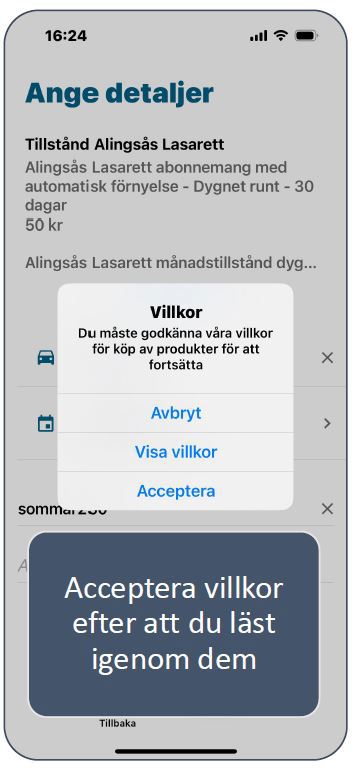 Accepetera villkor eller ej i appen Parkera VGR.