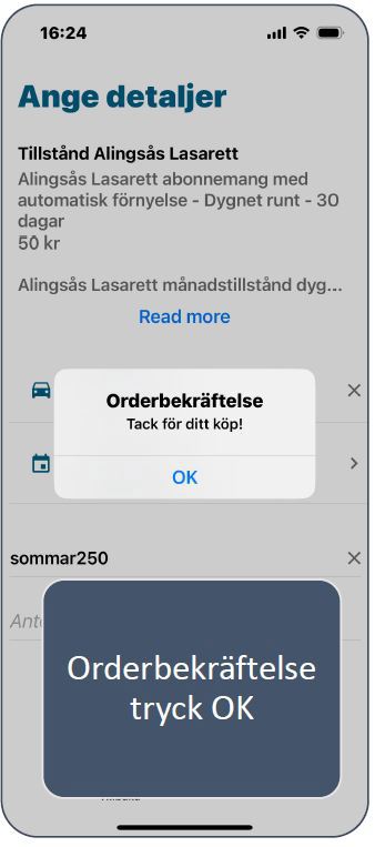 Acceptera orderbekräftelsen av köp av parkeringstillstånd i appen Parkera VGR.