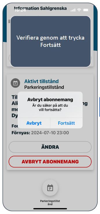 För att avbryta automatisk förlängnign av p-tillstånd ska du klicka på knappen Fortsätt.